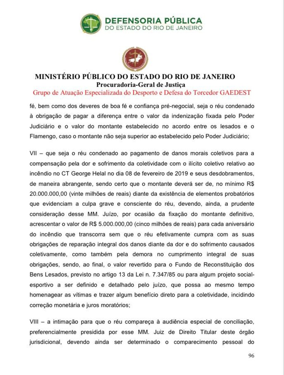 Ação MP-RJ contra o Flamengo — Foto: Reprodução