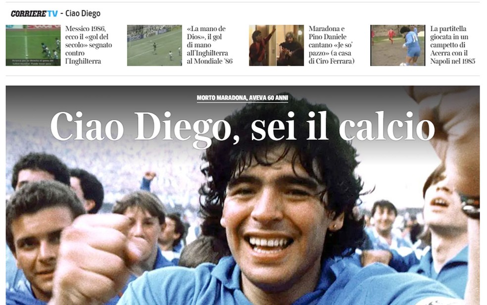 Jornal italiano Corriere Della Sera deu grande destaque à morte de Diego Maradona nesta quarta-feira (25) — Foto: Reprodução/Corriere Della Sera