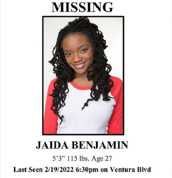 O cartaz noticiando o desaparecimento da atriz Jaida Benjamin (Foto: Instagram)