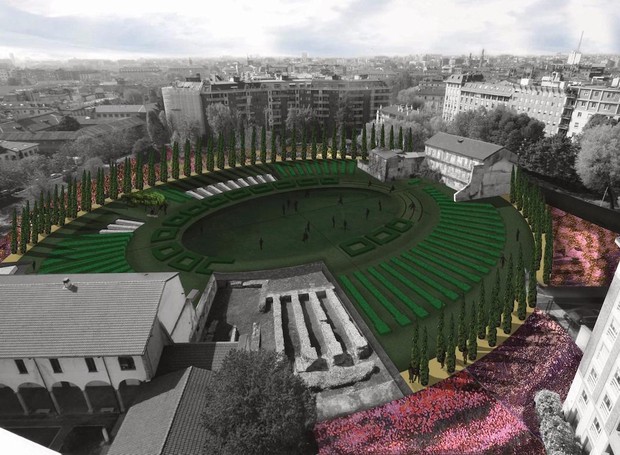 Imagem renderizada de como será o novo Parco Amphitheatrum Naturae depois de pronto (Foto: Superintendência de Arqueologia, Belas Artes e Paisagismo de Milão / Divulgação)