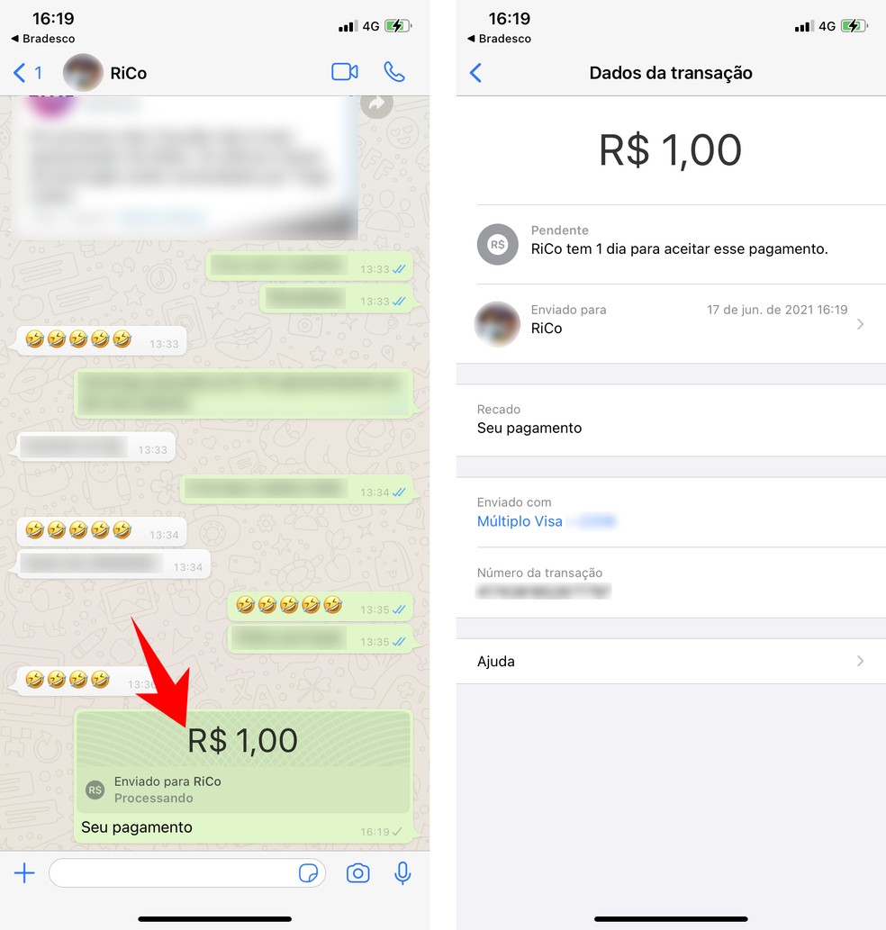 É possível ver detalhes do pagamento feito no WhatsApp — Foto: Reprodução/Rodrigo Fernandes
