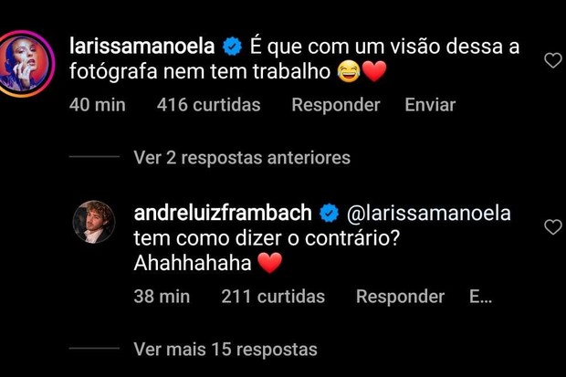 Larissa Manoela deixa comentário em foto de André Luiz Frambach (Foto: Reprodução/Instagram)
