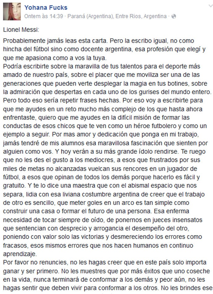 Post da professora argentina Yohana Fucks
