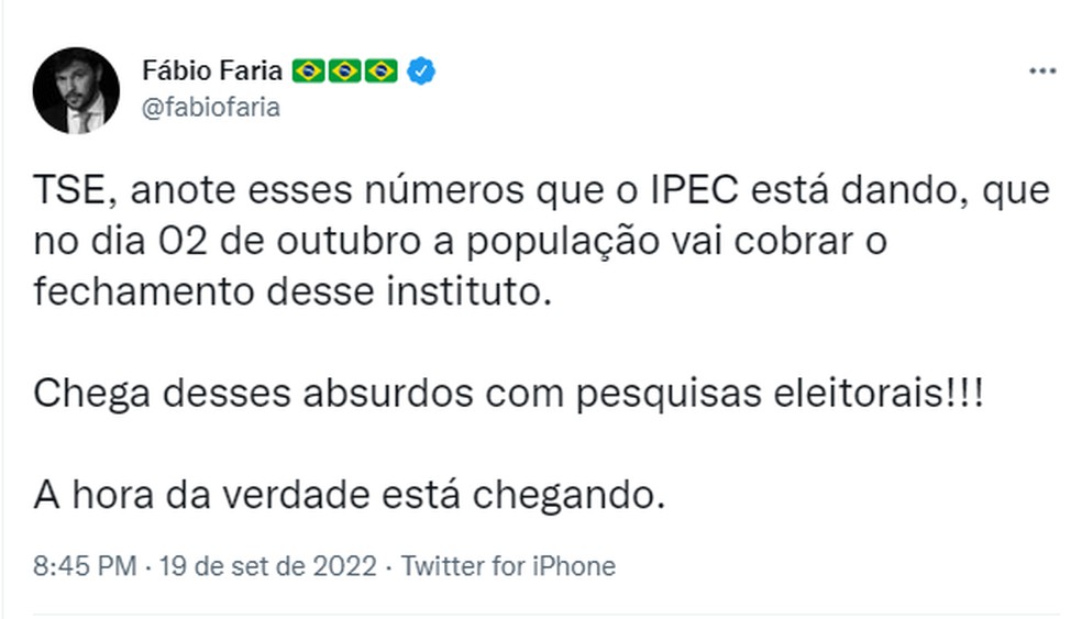 Postagem do ministros das Comunicações, Fábio Faria, no Twitter: 'população vai cobrar o fechamento' do Ipec, diz texto — Foto: Reprodução/Twitter