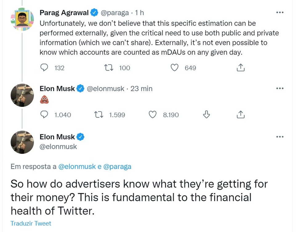Elon Musk rebate Parag Agrawal, CEO do Twitter sobre métricas para contas falsas — Foto: Reprodução/Twitter