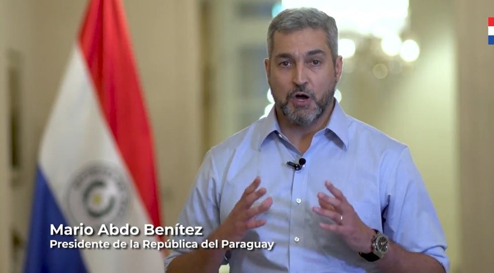 Mario Abdo Benítez, presidente do Paraguai, em pronunciamento na televisão neste sábado (6) — Foto: Reprodução