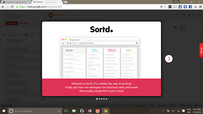 Sortd abrirá com uma apresentação do aplicativo para o Gmail (Foto: Reprodução/Elson de Souza)