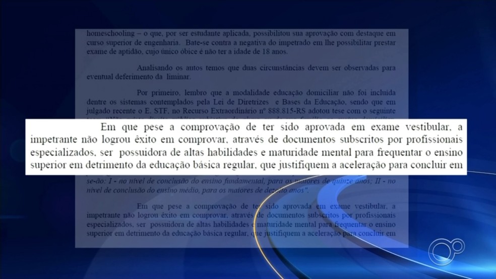 Justiça proibiu estudante de Sorocaba (SP) de cursar faculdade por fazer 'homeschooling' — Foto: Reprodução/TV TEM