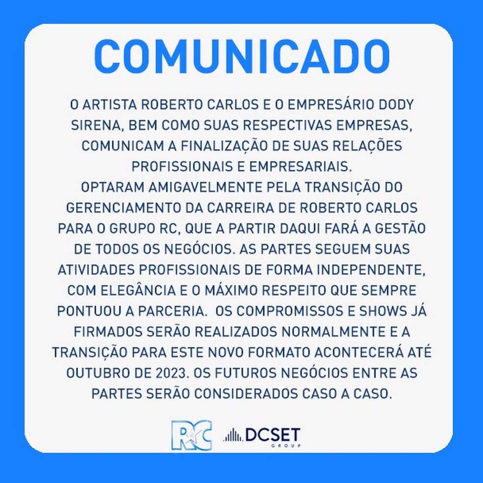 Roberto Carlos anuncia fim de parceria com Dody Sirena  Foto: Reproduo/Twitter