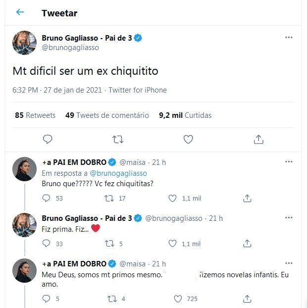 Maisa e Bruno Gagliasso trocam tweets sobre Chiquititas (Foto: Reprodução/Twitter)