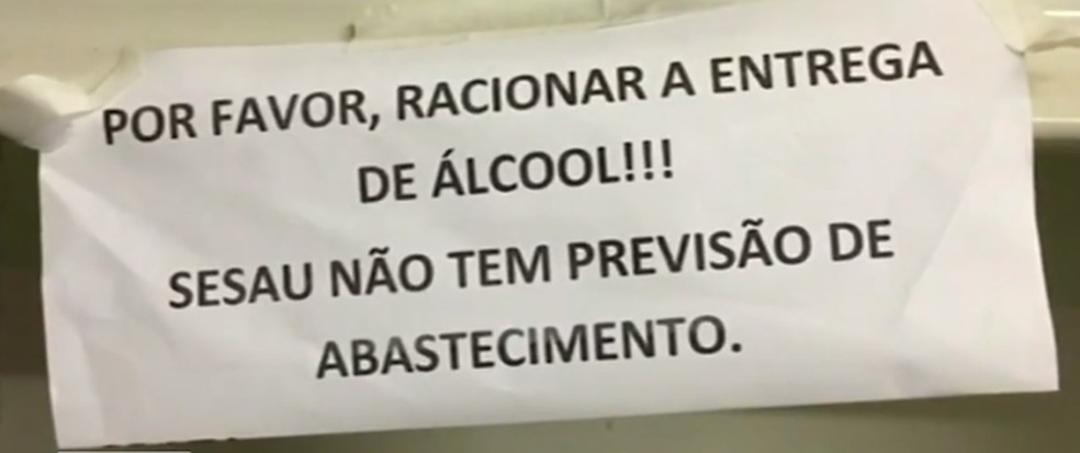 Mensagem alerta para o racionamento do uso de Ã¡lcool em Hospital â€” Foto: ReproduÃ§Ã£o/TV Anhanguera