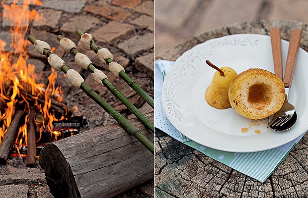 Cozinha mateira: O pão à caçador, feito no bambu, é o grande hit entre os escoteiros. Frutas com açúcar e canela, assadas no papel alumínio, também fazem sucesso. Pratos e talheres ArtMix, guardanapo Roupa de Mesa (Foto: Cacá Bratke)