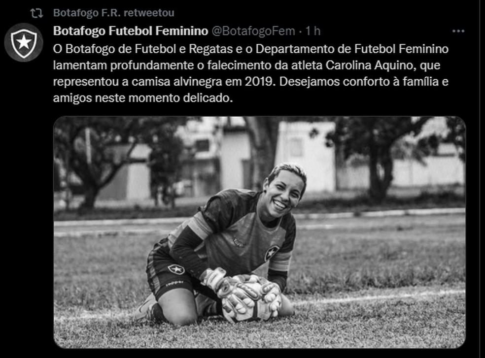 Botafogo lamenta morte da goleira Carol Aquino — Foto: Reprodução/Twitter