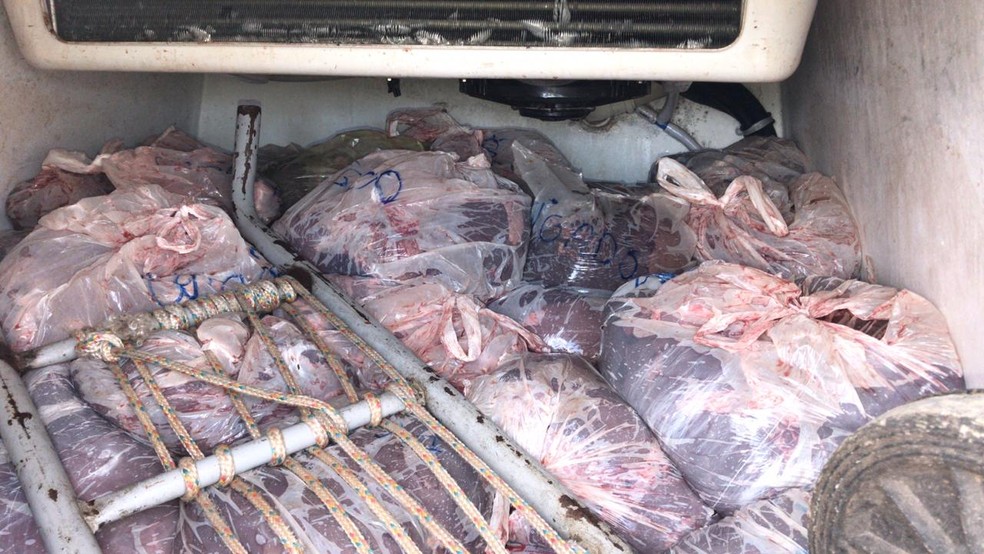PRF apreende 930 kg de carne irregular que seria utilizada para merenda da Rede Estadual de Ensino no Sertão de PE. — Foto: Polícia Rodoviária Federal