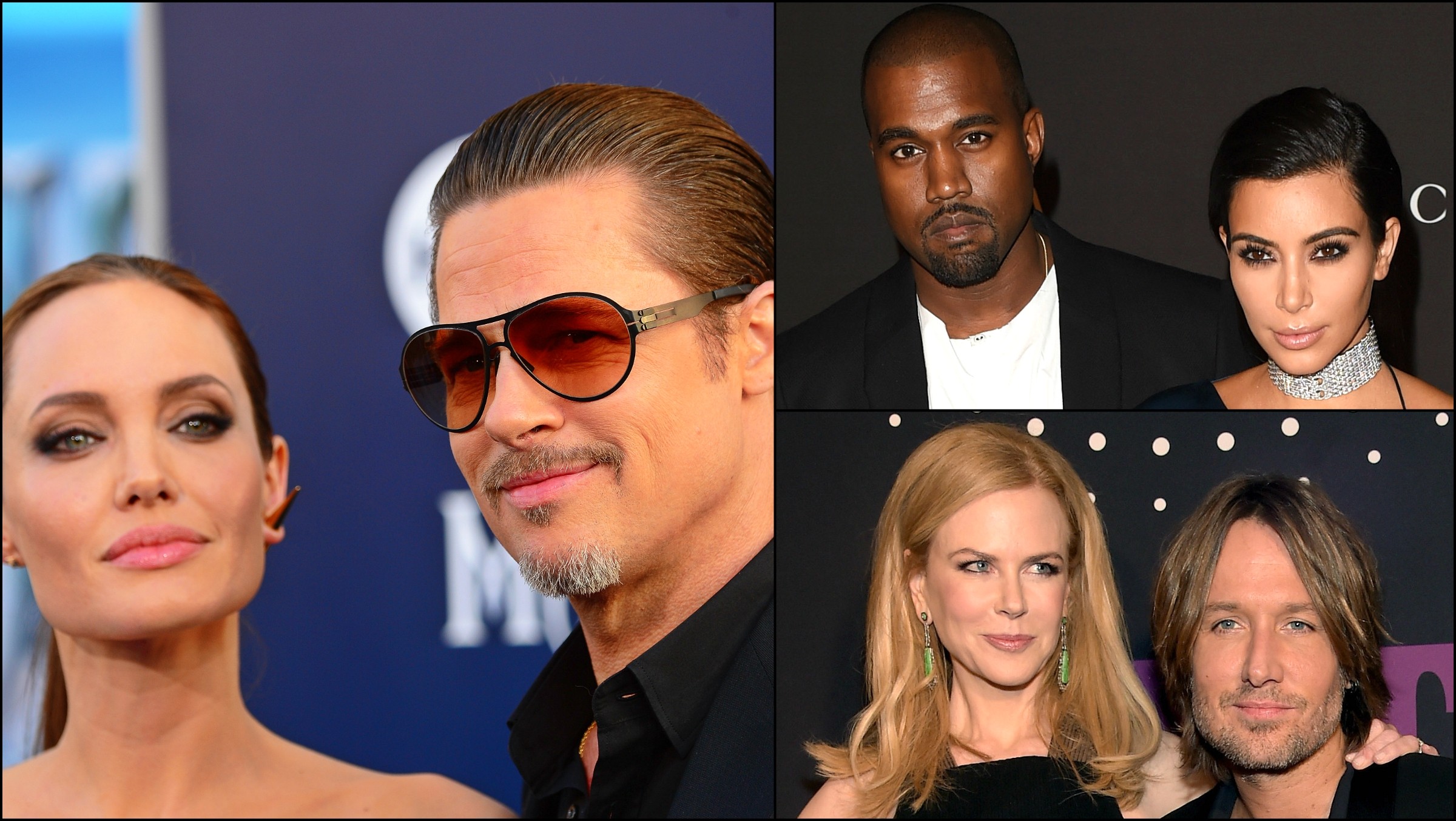 Angelina Jolie com Brad Pitt, Kim Kardashian com Kanye West e Nicole Kidman com Keith Urban. (Foto: Getty Images)