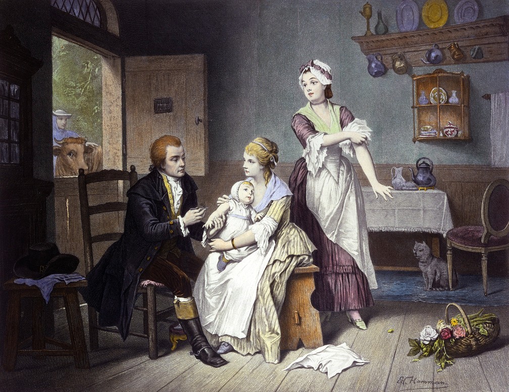 Retaro mostra o médico rural inglês Edward Jenner inoculando o vírus da varíola de vaca em seus pacientes (Foto: Wellcome Collection. Attribution 4.0 International (CC BY 4.0))