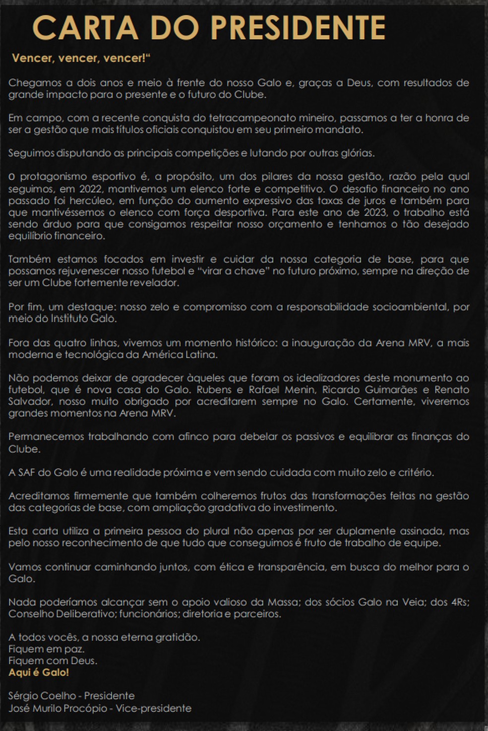 Carta do presidente Sérgio Coelho no balanço de 2022 do CAM — Foto: Reprodução