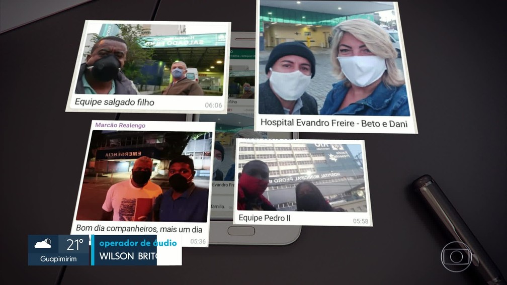 Funcionários mandam selfies para dizer que chegaram aos hospitais — Foto: Reprodução/TV Globo