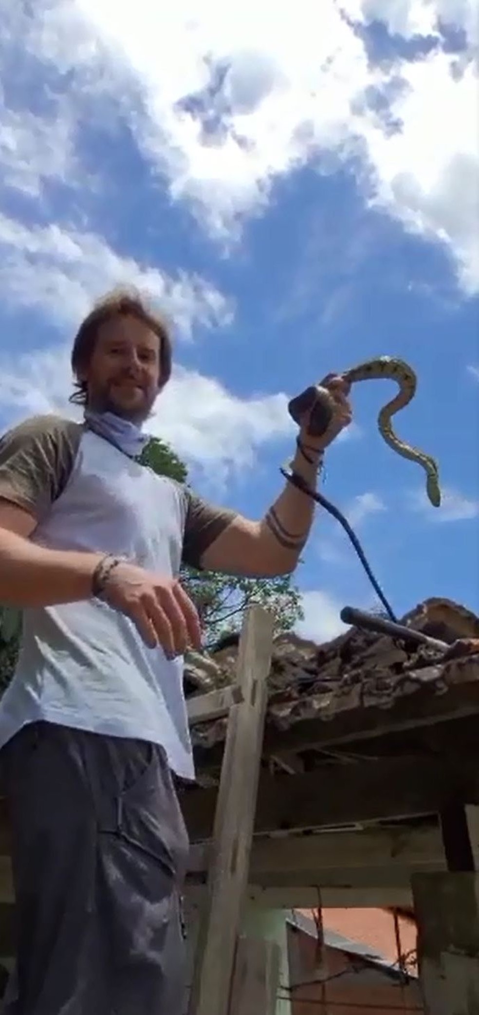 O biólogo precisou de uma escada para retirar a cobra do local  — Foto: Christian Raboch/Arquivo Pessoal
