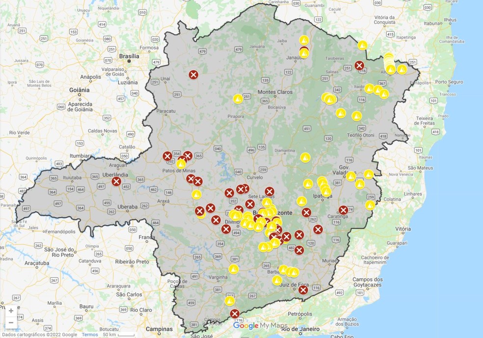 Mapa com pontos de interdição nas rodovias que cortam em Minas Gerais  — Foto: Foto: Polícia Militar Rodoviária/ Reprodução