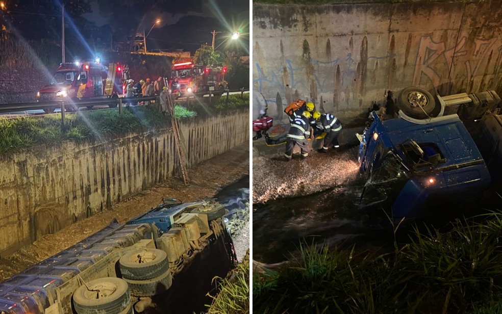 Motorista é resgatado após caminhão cair em rio da Marginal Botafogo, em Goiânia, Goiás — Foto: Divulgação/Corpo de Bombeiros