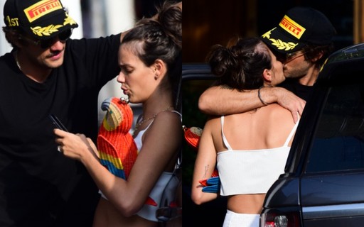 Chay Suede e Laura Neiva trocam beijos ao deixar restaurante em São Paulo