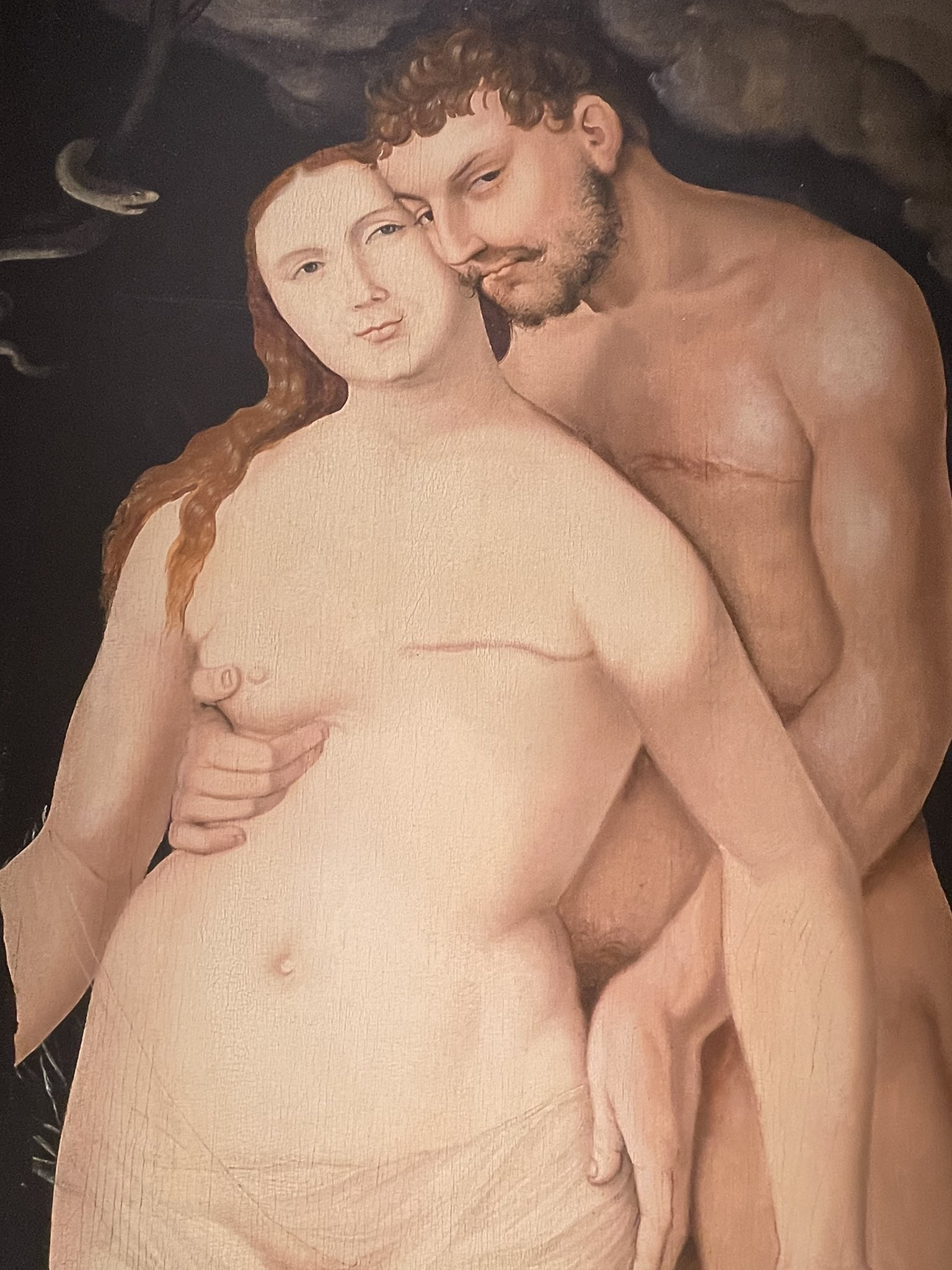 Detalhe da obra 'Adão e Eva', de Hans Baldung Grien, modificada digitalmente — Foto: Jorge Salgado/Museu Nacional Thyssen-Bornemisza