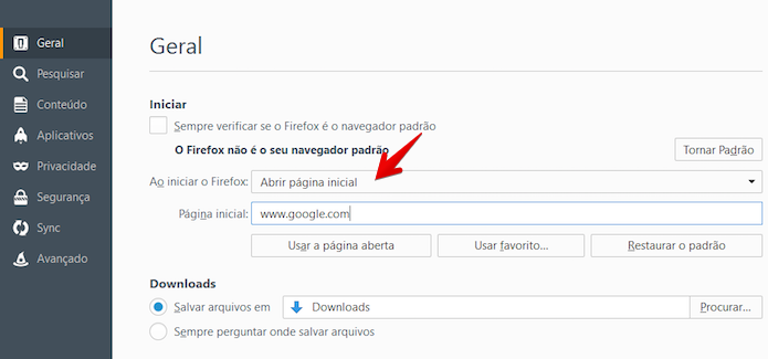 Configurando o Google como página inicial do Firefox (Foto: Reprodução/Helito Bijora) 