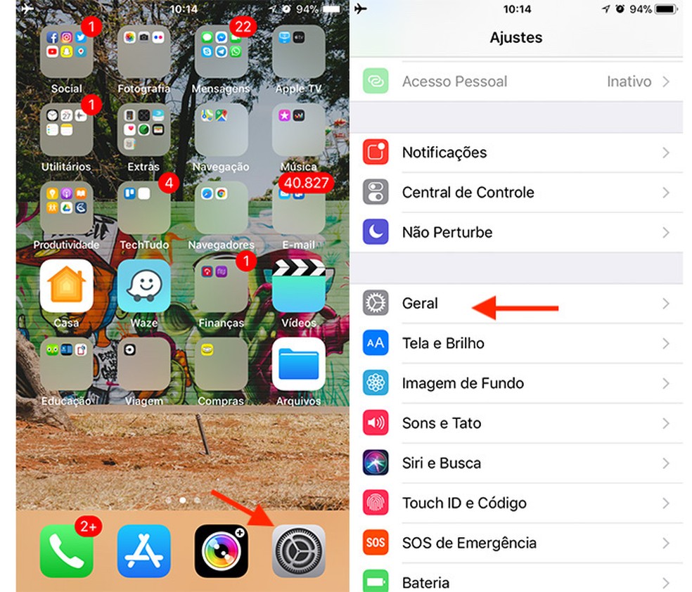 Caminho para acessar as configurações gerais do iOS 11 no iPhone (Foto: Reprodução/Marvin Costa)