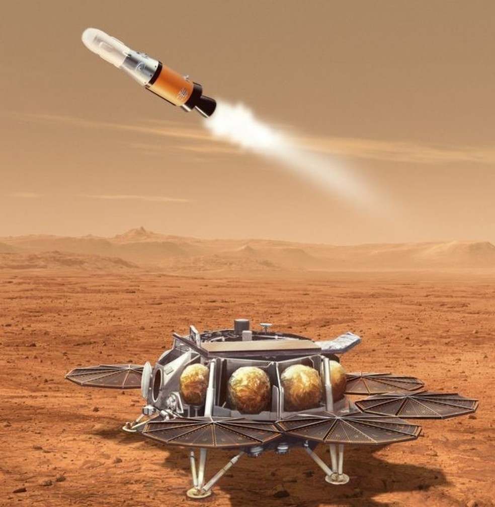 Ilustração das amostras deixando Marte para a Terra em um foguete lançado da Cratera Jezero — Foto: NASA