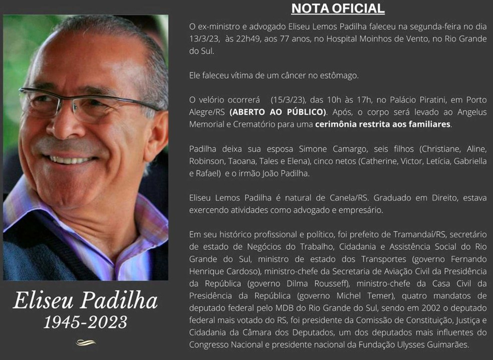 Nota oficial anuncia morte do ex-ministro Eliseu Padilha — Foto: Reprodução