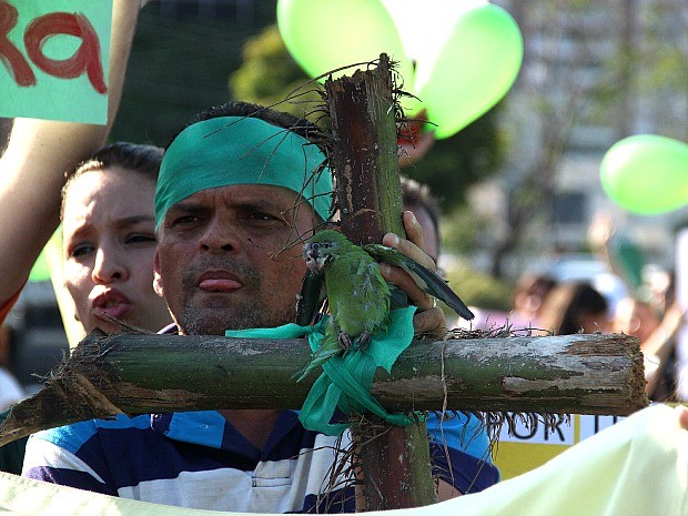 Protesto contra a morte de periquitos, em Manaus (Foto: Marcos Dantas/G1 AM)