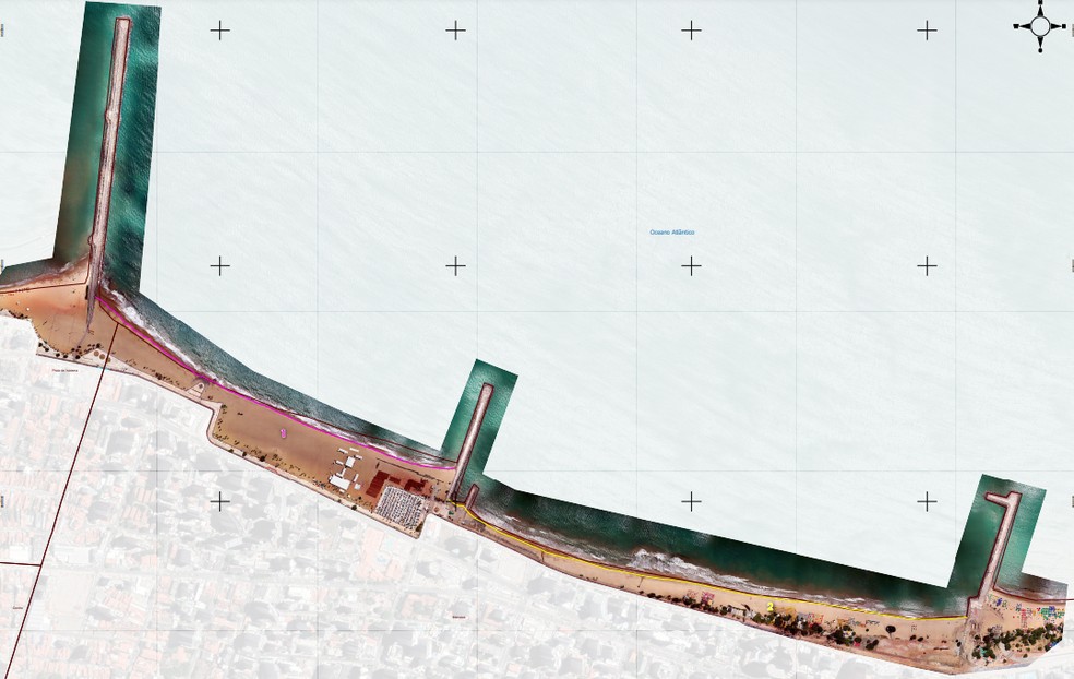Imagem de 26 de agosto de 2019, antes do aterramento. Área da Praia de Iracema era de 77 mil m², da Beira Mar era de 53 mil m². — Foto: Reprodução/Adely Pereira Silveira, PPG em Geografia da UECE
