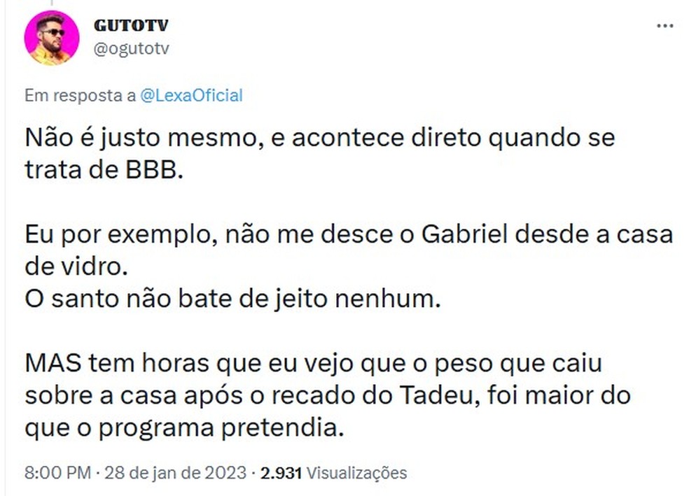 Guto TV responde Lexa &mdash; Foto: Reprodu&ccedil;&atilde;o/Twitter