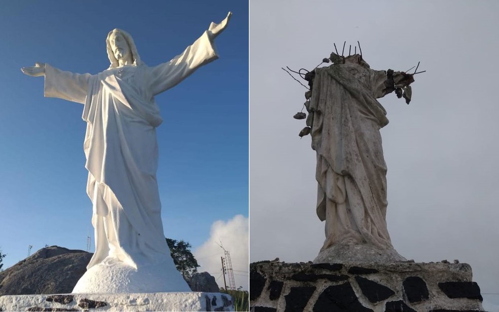 Escultura antes do vandalismo e depois de ser destruída em Tanquinho, na Bahia — Foto: Reprodução/Redes Sociais