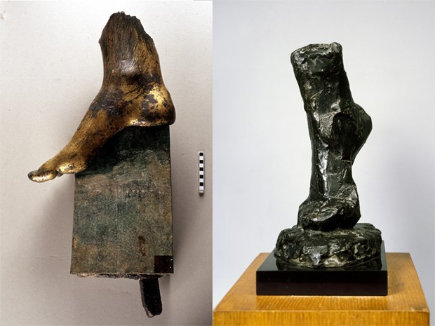 eft:  Right foot in gilt bronze belonging to a Nike  (2nd Century BC), from the Forum of Augustus (Foto: Courtesy of Archivio del Museo dei Fori Imperiali. Photo credit: Stefano Castellani  Right: Henri Matisse, Etude de pied (c 1909))