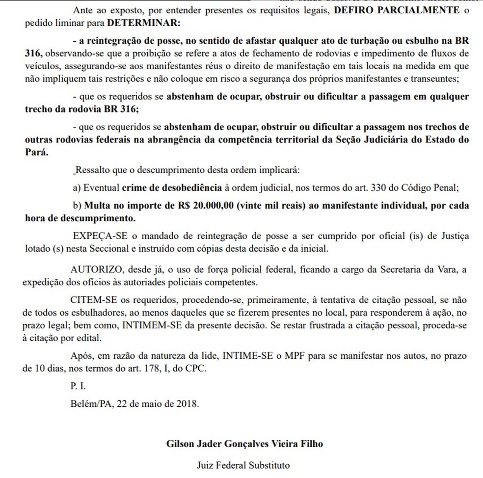 Confira trecho da decisão que determina a liberação das rodovias federais. (Foto: Reprodução / Justiça Federal)
