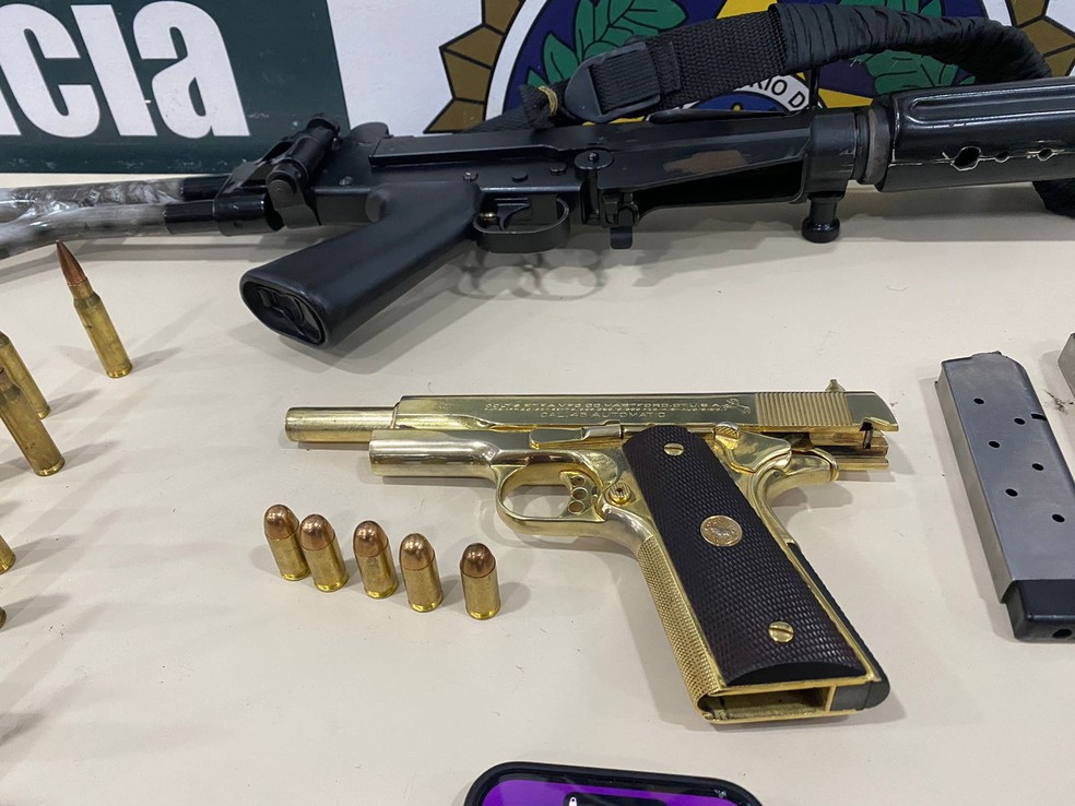 Polícia apreendeu três fuzis e duas pistolas, entre elas, uma dourada  — Foto: Divulgação 