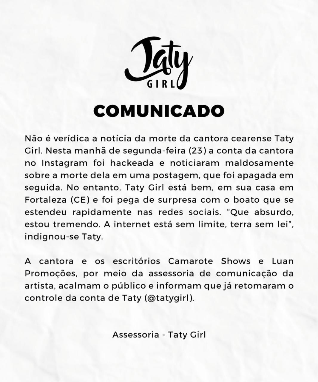 Assessoria nega morte da cantora Taty Girl (Foto: Reprodução/Instagram)