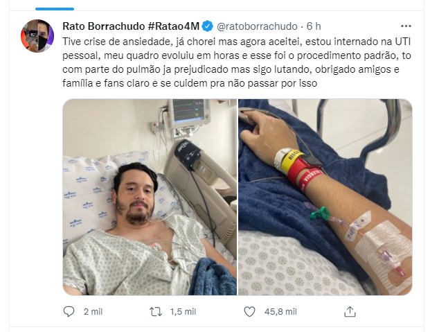 O Youtuber Rato Borrachudo mostra hospitalização em São Paulo (Foto: Reprodução Instagram)