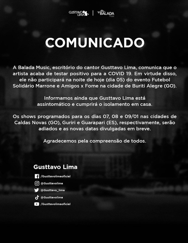 Comunicado de Gusttavo Lima (Foto: Reprodução/Instagram)