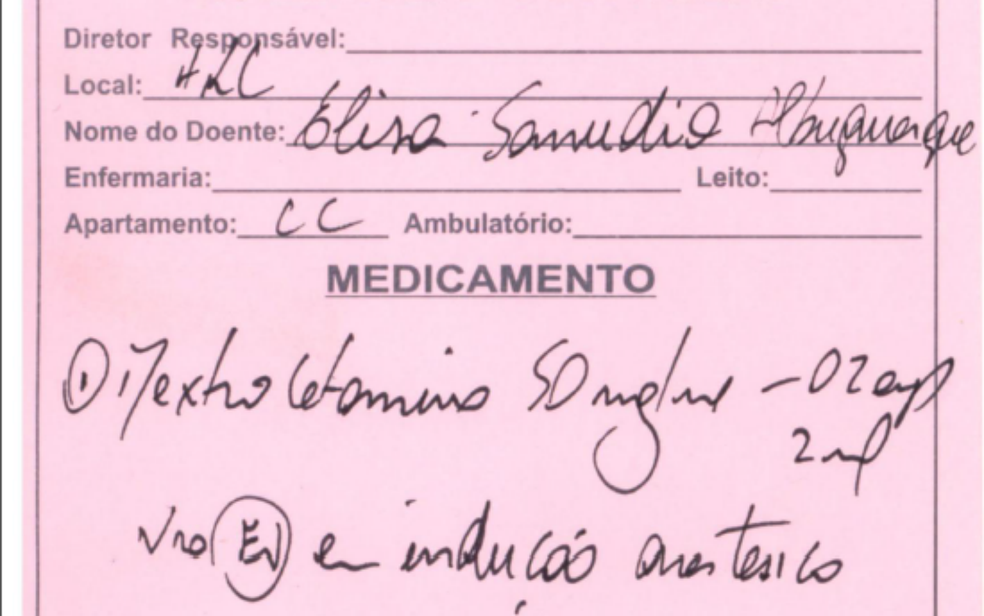 Receita médica emitida pelo Hospital Regional de Ceilândia, no DF, leva o nome de Elisa Samúdio no campo do 'paciente' (Foto: Secretaria de Saúde/Reprodução)