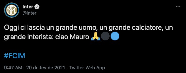 O post no Twitter da Inter de Milão lamentando a morte de Mauro Bellugi (Foto: Twitter)