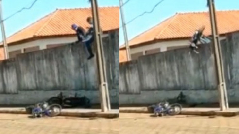Trio foi flagrado enquanto pulava muro com motocicletas furtadas. — Foto: Reprodução/RedesSociais