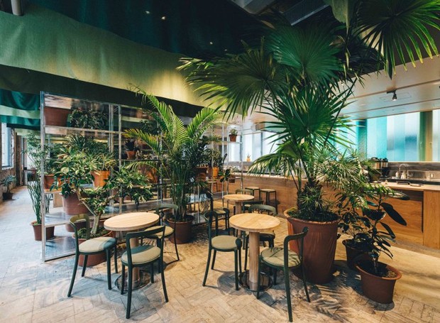 Em um dos bares, o verde é o protagonista, indo das plantas aos tecidos presos ao teto  (Foto: Yikin Hyo./ Designboom/ Reprodução)