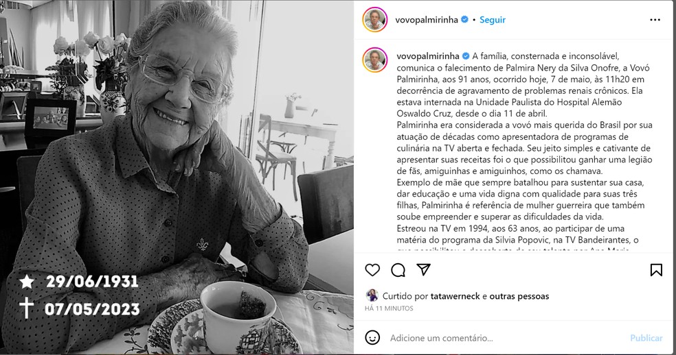 Palmirinha morreu neste domingo (7), com problemas renais — Foto: Reprodução/Instagram