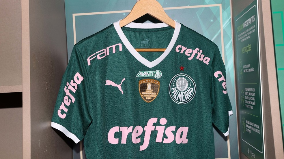 Camisa que o Palmeiras vai usar no Choque-Rei, em apoio ao Outubro Rosa — Foto: Fabio Menotti / Palmeiras