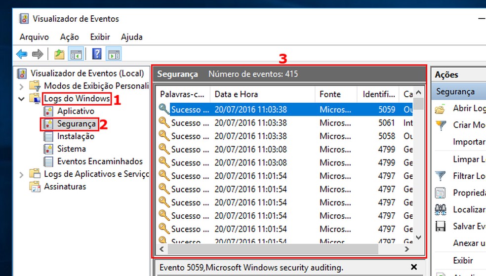 Acessando os registros de segurança no Visualizador de eventos (Foto: reprodução/Edivaldo Brito) — Foto: TechTudo