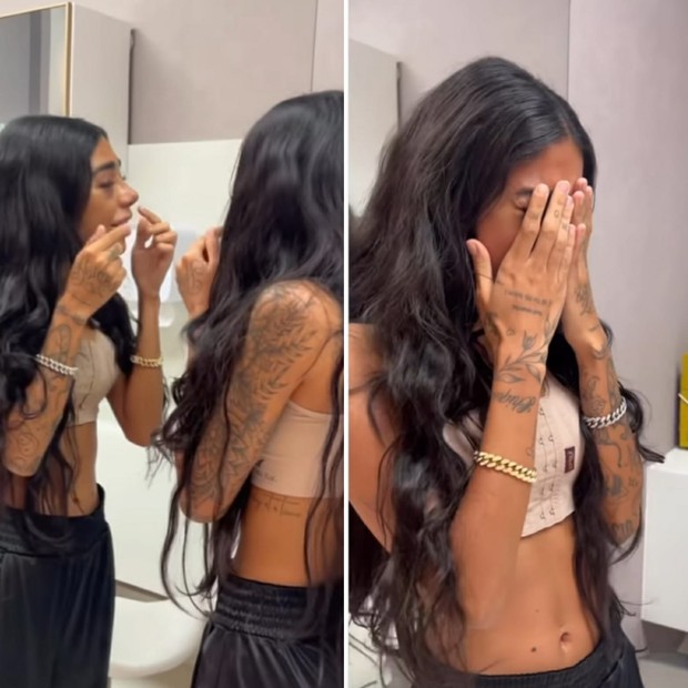 Dhiovanna Barbosa, irmã de Gabigol, chora de emoção ao ver novo nariz após plásticas (Foto: Reprodução/Instagram)