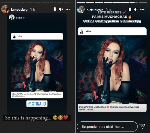 Becky G e Nicki Nicole compartilham anúncio de single em espanhol com Christina Aguilera (Foto: Reprodução/Instagram)